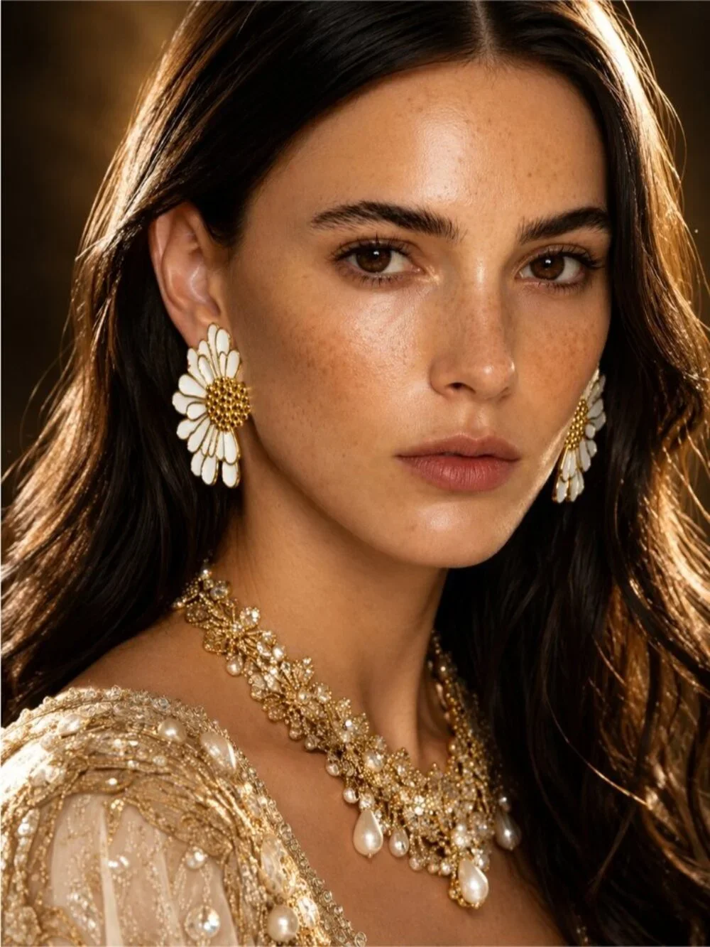 White and Gold Daisy Statement Earrings
